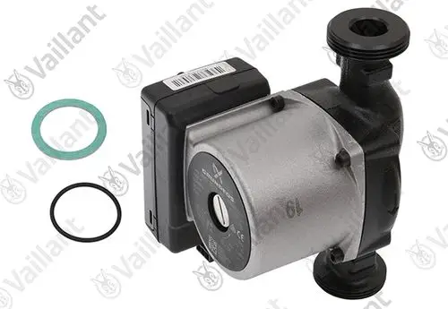 Vaillant Pumpe mit elektrischem Anschluss, Gummidichtungen und Anschlussstück, geeignet für Heizkreise, in einer kompakten Bauform.